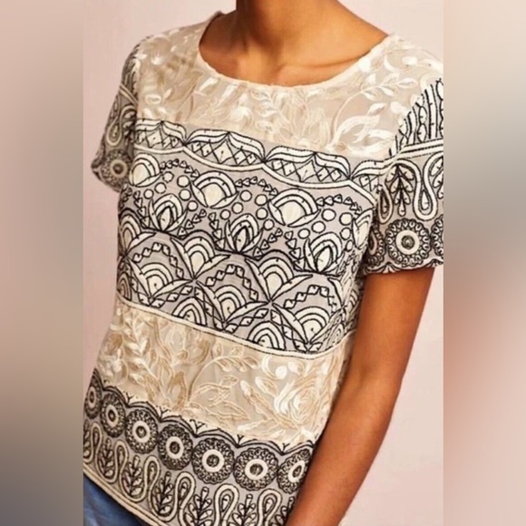Meadow Rue Tops - MEADOW RUE OFF-WHITE WITH BLACK EMBROIDERY SEQUINS BOXY SHORT SLEEVE SHIRT SZ 8